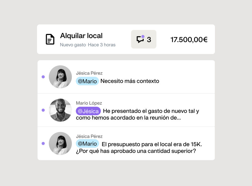 Payhawk habilita los comentarios y las notificaciones de los mismos dentro de la propia plataforma